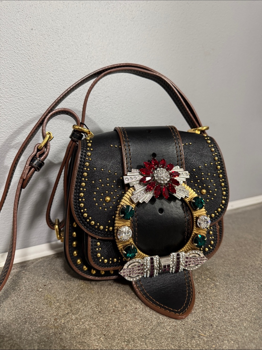 Miu Miu Rare Dahlia Madras Crystal Stud Crossbody/Shoulder Bag – Black Leather - Picture 2 of 16